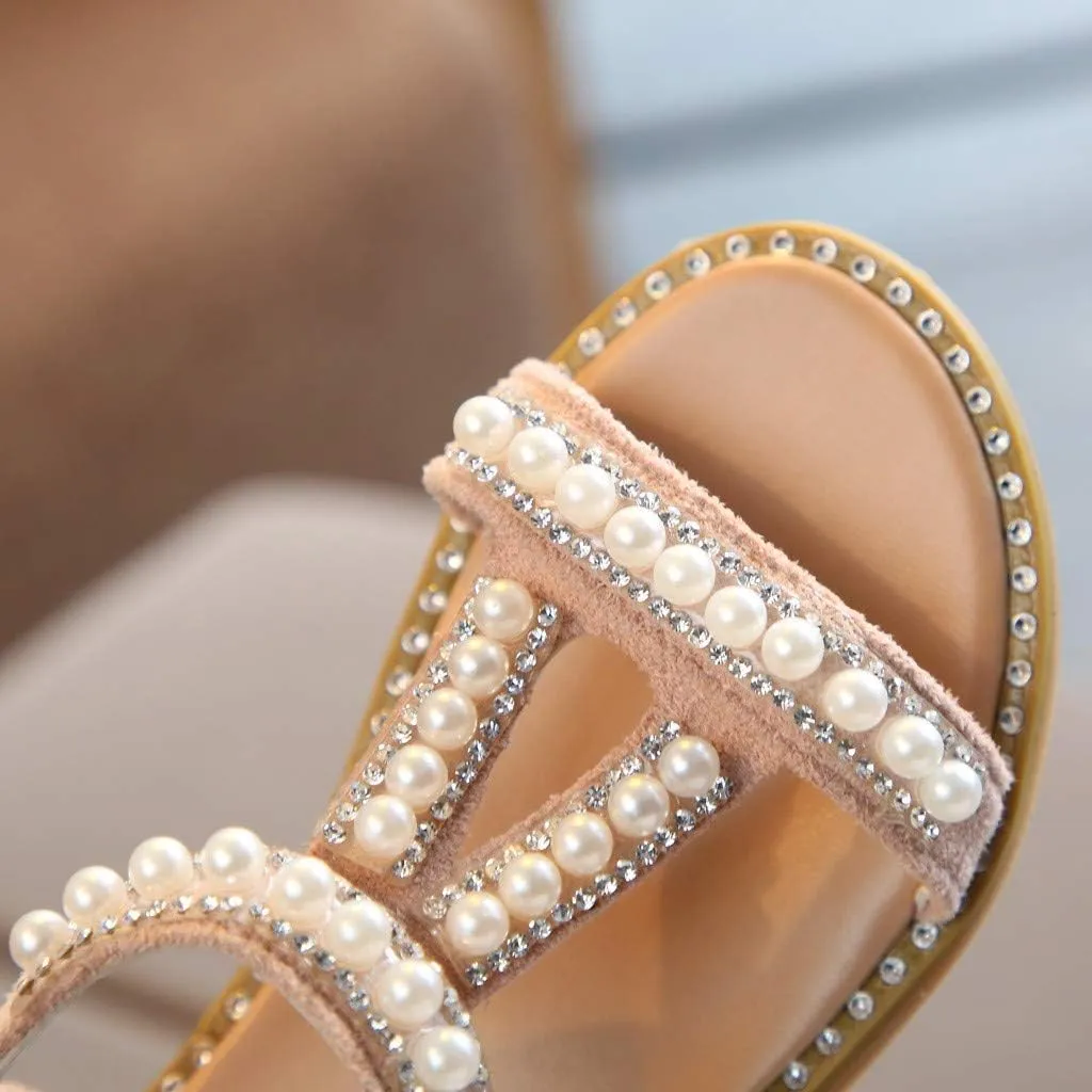 Baby Toddler T Sandals with Pearl Girls Dress Shoes Wedding Party Open Toe Glitter for Toddler Girl Summer Shoes