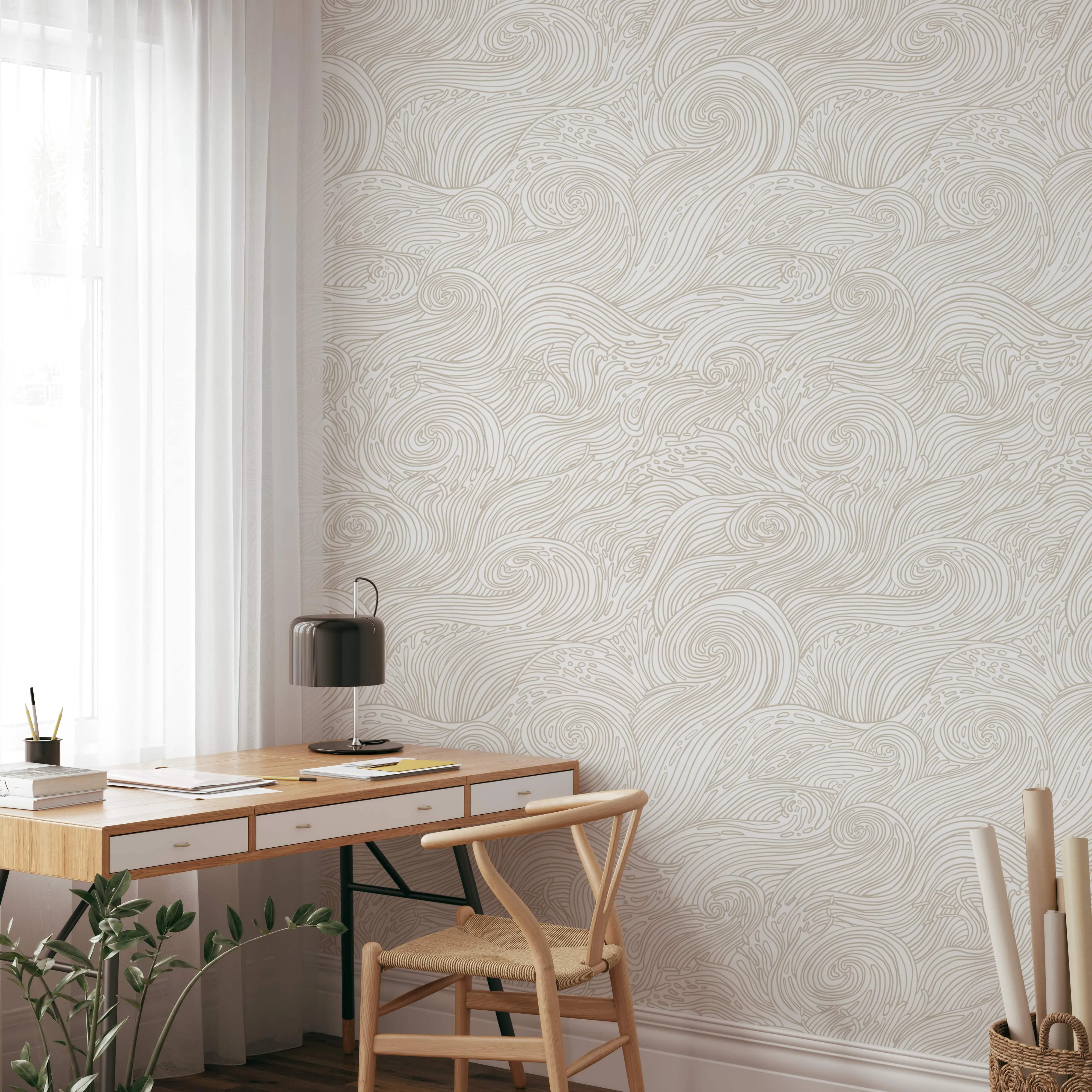 Beige Nautical Waves Wallpaper
