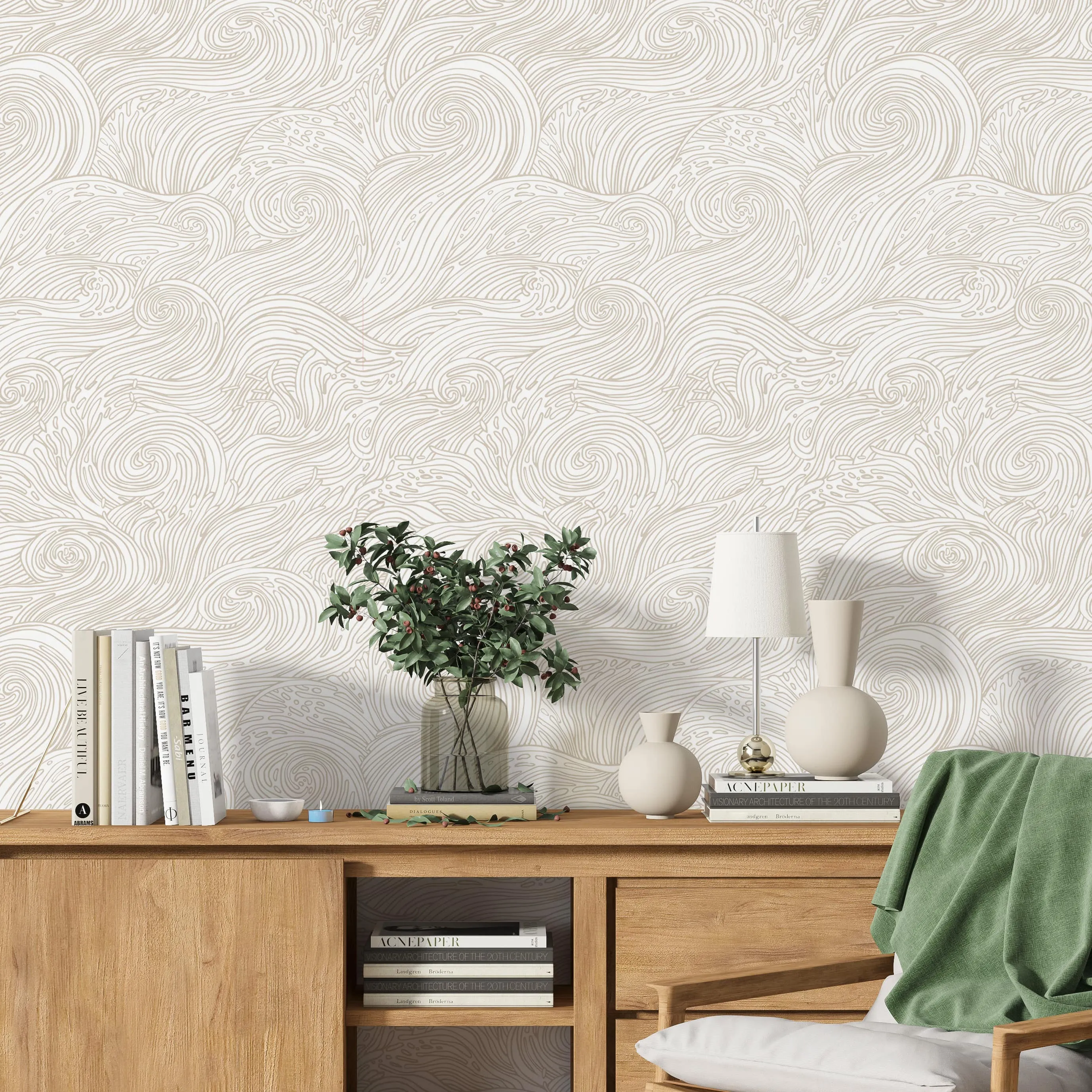 Beige Nautical Waves Wallpaper