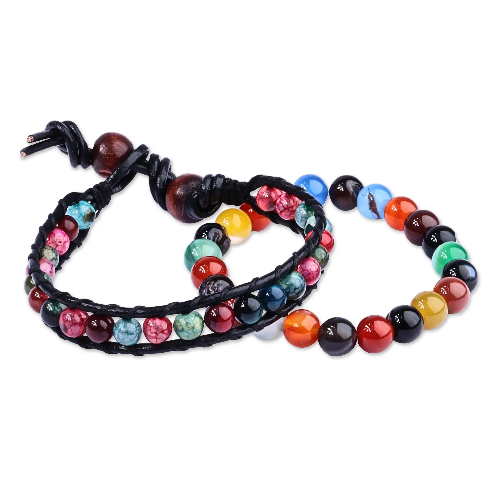 Black Leather and Natural Agate Bracelets (Set of 2) - Harmonious Energies | NOVICA
