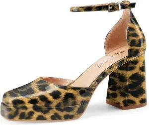 Black Platform Heels Chunky High Heel Patent Leather Pumps Closed Square Toe Block Heels with Ankle Strap for Women Ladies Sexy