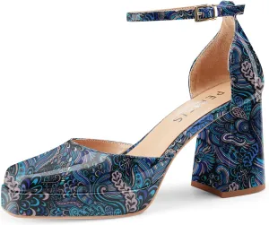 Black Platform Heels Chunky High Heel Patent Leather Pumps Closed Square Toe Block Heels with Ankle Strap for Women Ladies Sexy