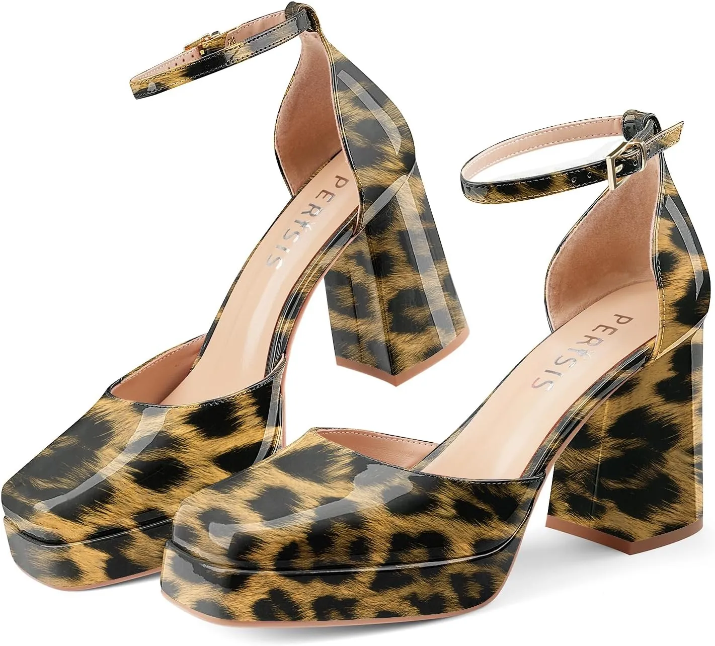 Black Platform Heels Chunky High Heel Patent Leather Pumps Closed Square Toe Block Heels with Ankle Strap for Women Ladies Sexy