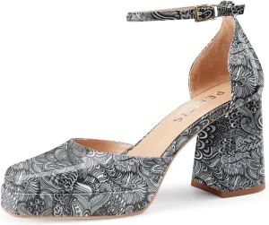 Black Platform Heels Chunky High Heel Patent Leather Pumps Closed Square Toe Block Heels with Ankle Strap for Women Ladies Sexy