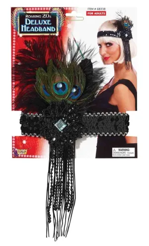 Black Sequin Adult Costume Flapper Headband With Peacock Feather