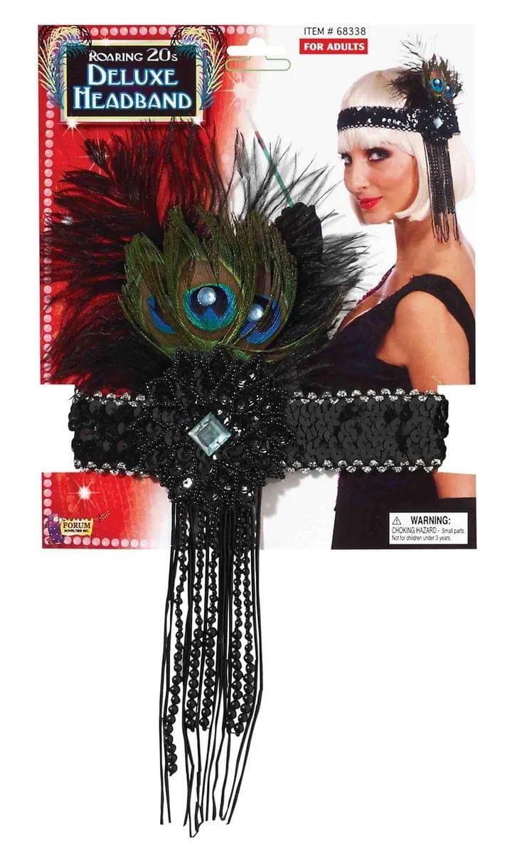 Black Sequin Adult Costume Flapper Headband With Peacock Feather