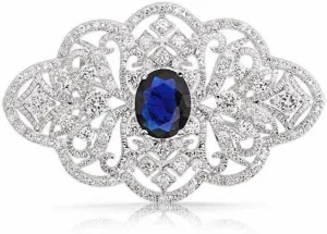 Blue CZ Wedding Brooch Pin for Women Girls Brides Silver-Toned Dainty Mazarine Birthstone Vintage Filigree Geometric Flower Brooches Lapel Pins Hat Tie Bridal Corsage Dress Accessories Birthday Prom Party Jewelry Gift