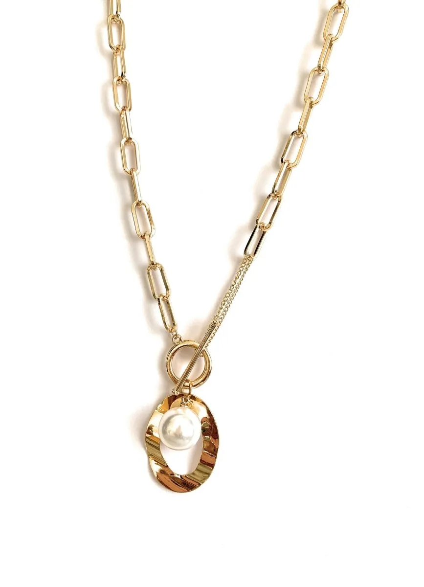 Bold Luxe Link Necklace with Simulated Pearl Accent