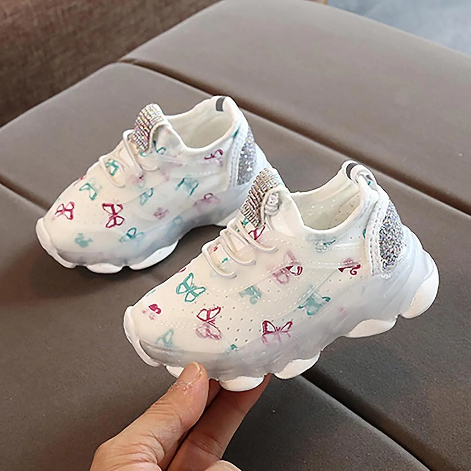Boys Girls Butterfly Prints LED Light Shoes Daddy Shoes Lacing Breathable Mesh Soft Soles Kids Shoes