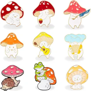 Chuangdi 9 Pieces Mushroom Pin Brooches Mushroom Brooches Cute Cartoon Gift Alloy Brooch Guitar Cat Frog Hedgehog Cartoon Plant Pin Welcome Christmas Gift for Backpack Clothes Hat