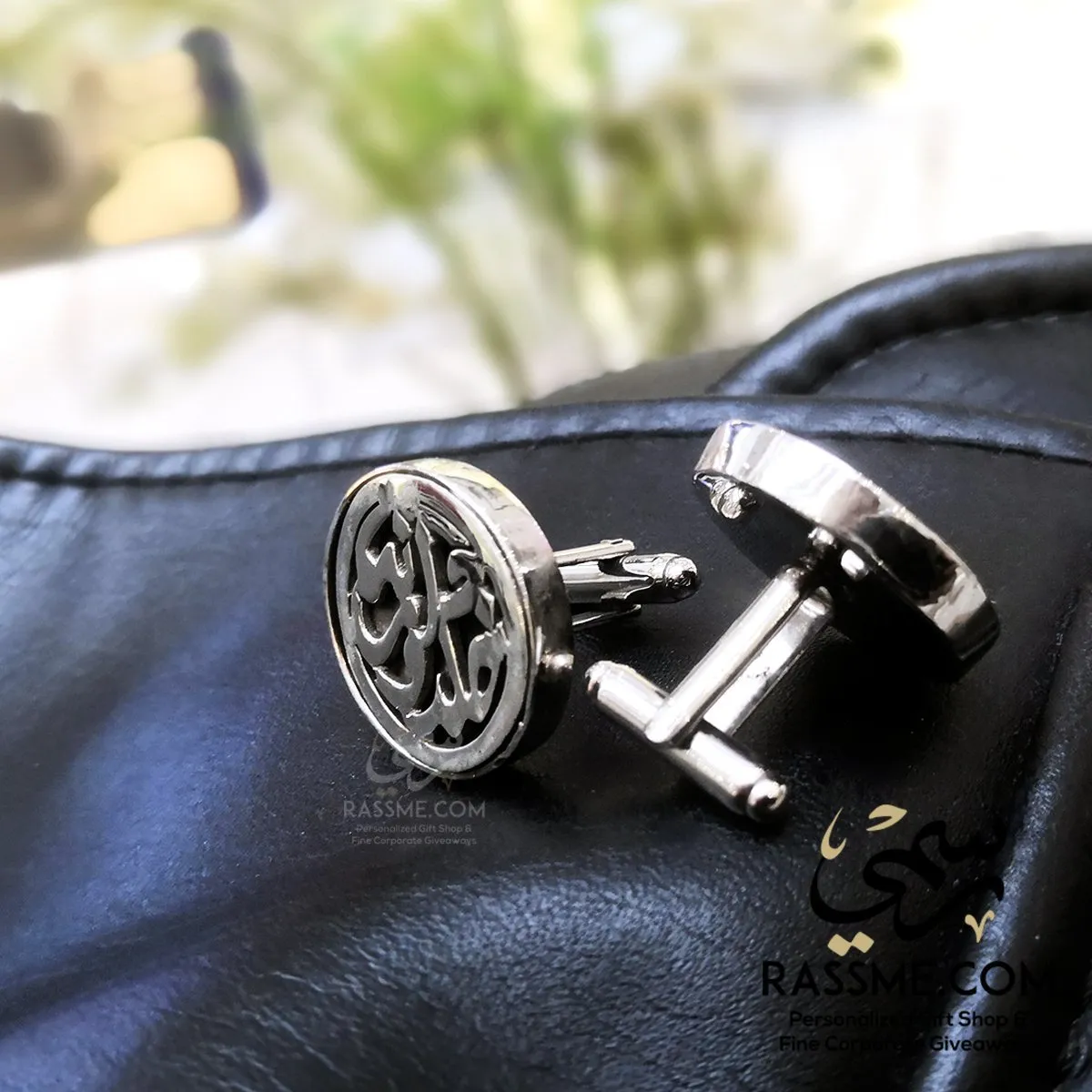 Customized Silver cufflinks 3D Round Frame Rhodium Plated - Arabic or English