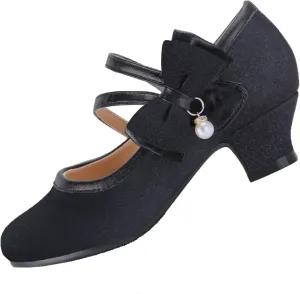 EIGHT KM Girls High Heel Dress Shoes Mary Jane Princess Wedding Party Pump Shoes EKM7035 Sparkle Glittery Minerva Pearl Bow Black US Little Kid Size 13