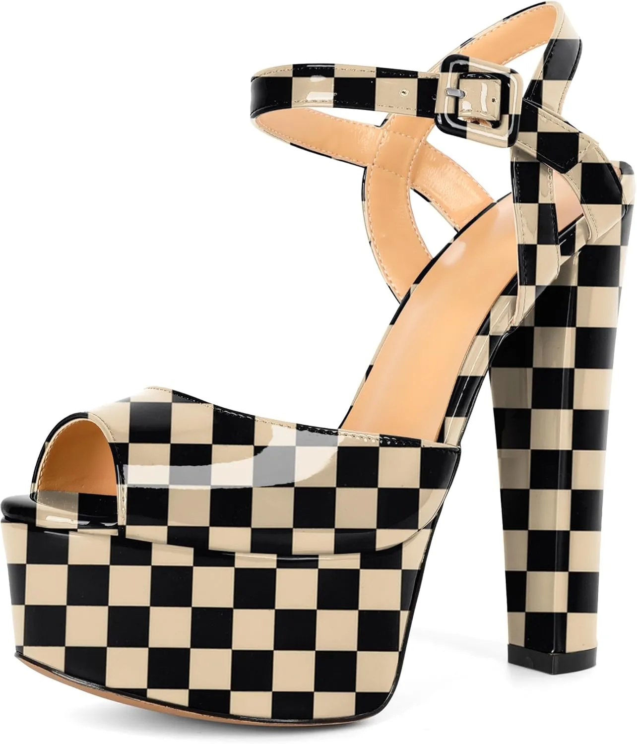 Eldof Womens Platform Sandals Chuncky High Heel Pumps 6" Ankle Strap Peep Toe Sandal Heels Party Dress Casual Shoes