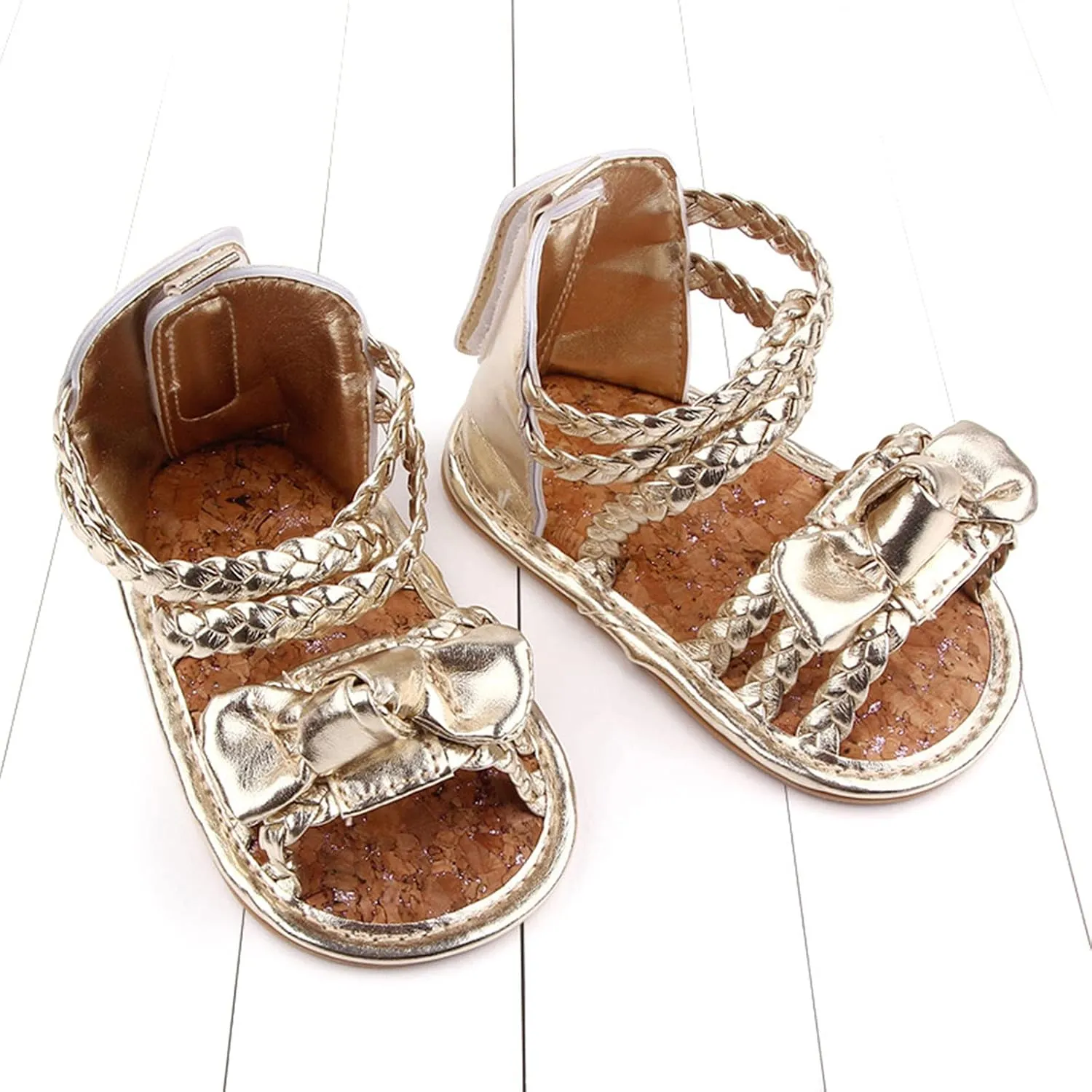 EnJoCho Baby Girls Bow Sandals Soft Non-Slip Rubber Sole Toddler Summer Flat Walking Shoes Beach Shoes First Walker (Gold-07#A, 12-18 Months)