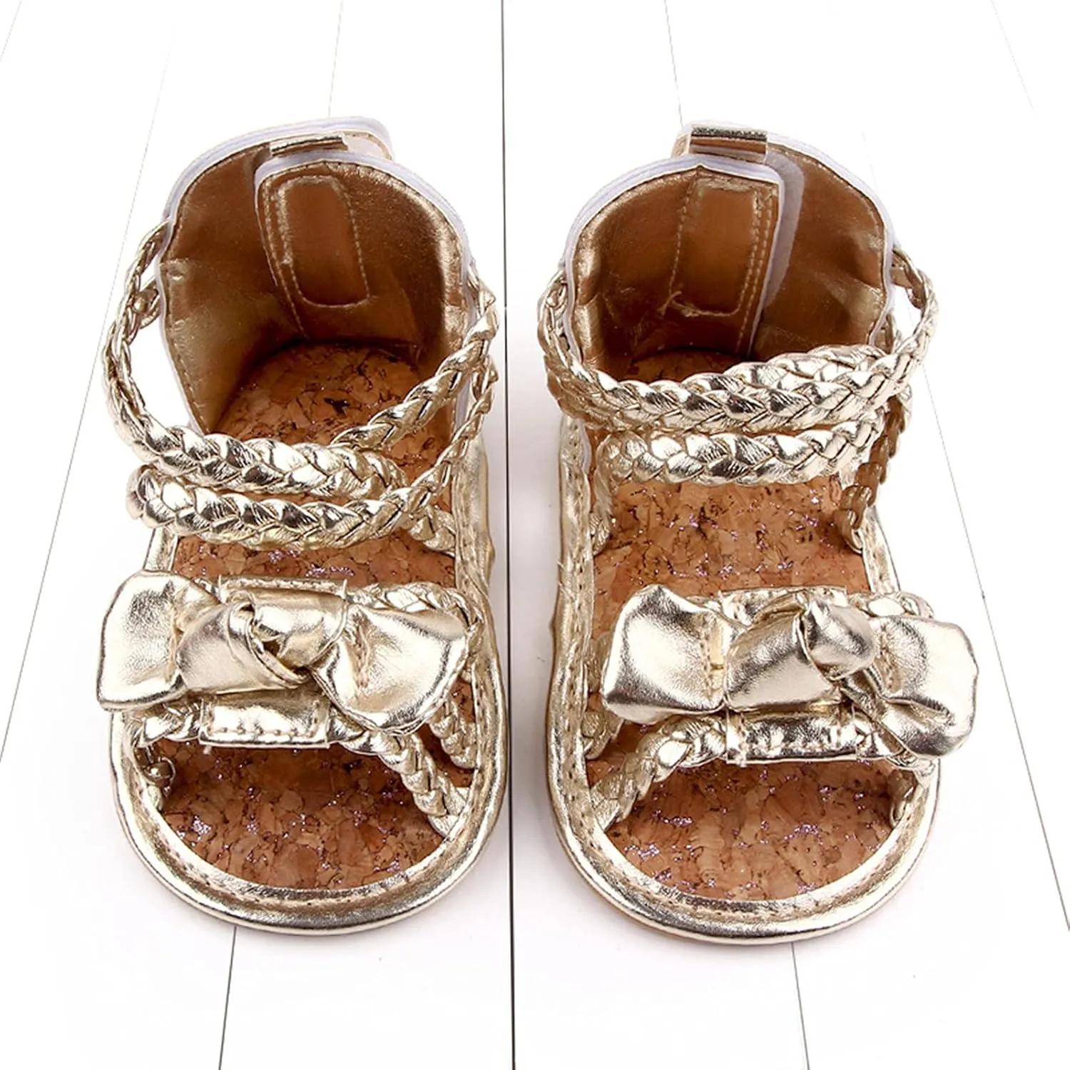 EnJoCho Baby Girls Bow Sandals Soft Non-Slip Rubber Sole Toddler Summer Flat Walking Shoes Beach Shoes First Walker (Gold-07#A, 12-18 Months)