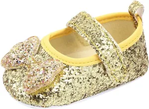 EnJoCho Baby Girls Shoes Infant Sneakers Non Slip Soft Sole 0-15Months Toddler First Walker Outdoor Crib Dress Shoes (Gold, 6-9Months)