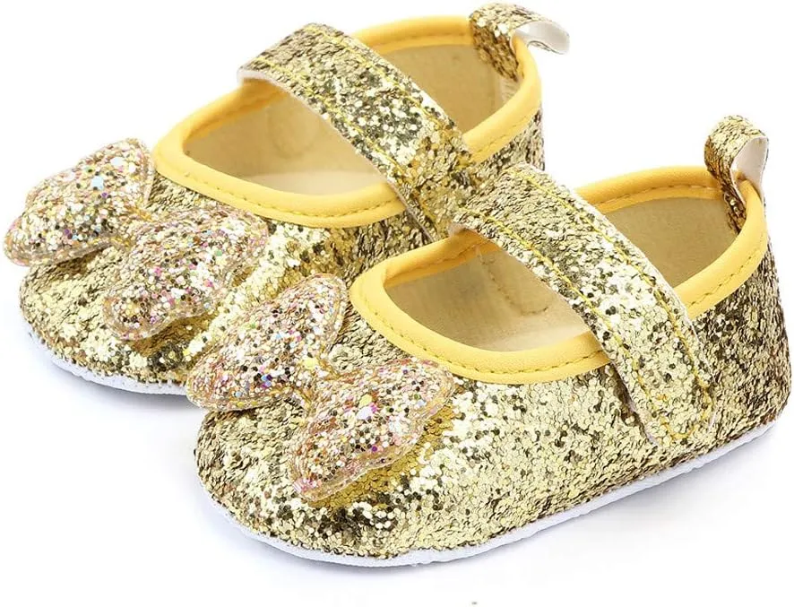 EnJoCho Baby Girls Shoes Infant Sneakers Non Slip Soft Sole 0-15Months Toddler First Walker Outdoor Crib Dress Shoes (Gold, 6-9Months)