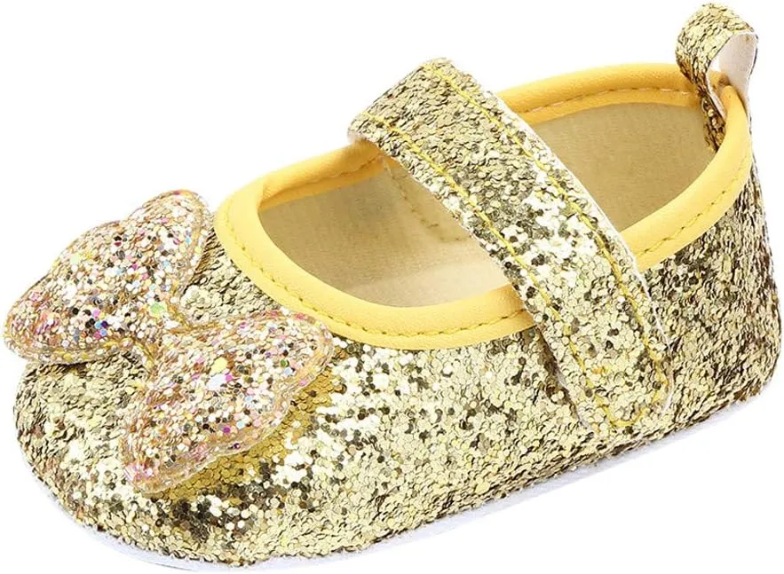 EnJoCho Baby Girls Shoes Infant Sneakers Non Slip Soft Sole 0-15Months Toddler First Walker Outdoor Crib Dress Shoes (Gold, 6-9Months)