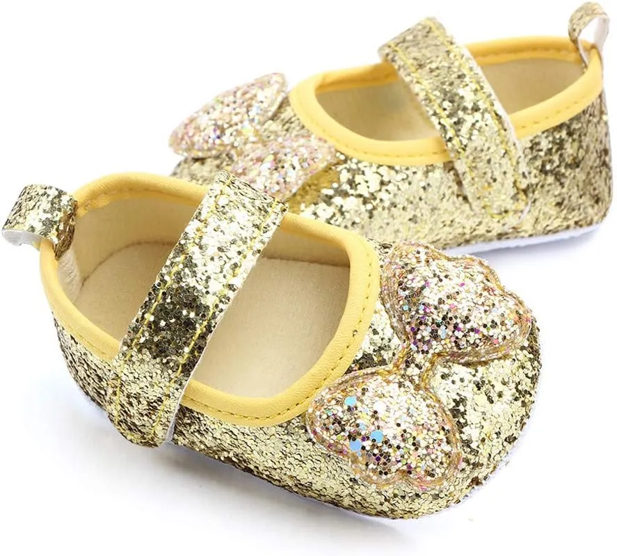 EnJoCho Baby Girls Shoes Infant Sneakers Non Slip Soft Sole 0-15Months Toddler First Walker Outdoor Crib Dress Shoes (Gold, 6-9Months)