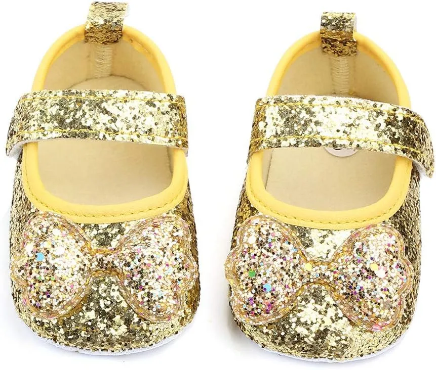 EnJoCho Baby Girls Shoes Infant Sneakers Non Slip Soft Sole 0-15Months Toddler First Walker Outdoor Crib Dress Shoes (Gold, 6-9Months)