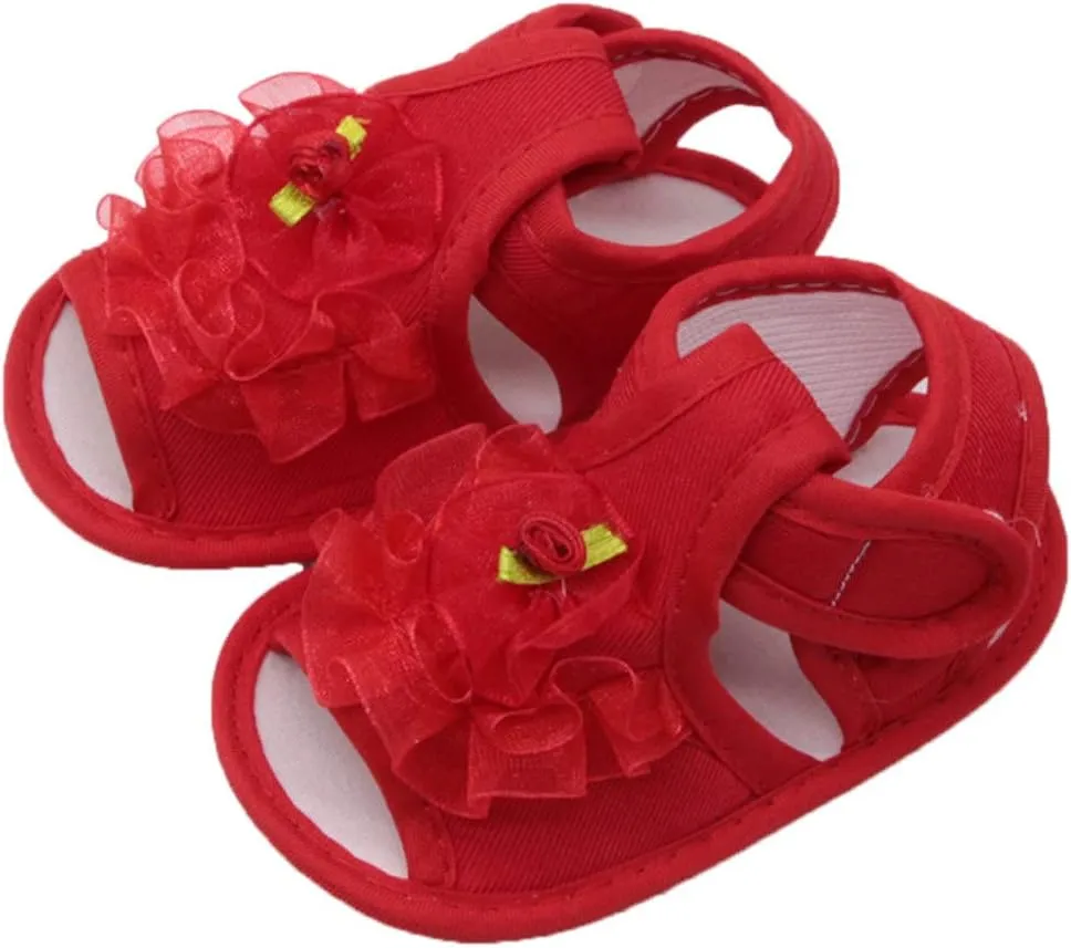 EnJoCho Newborn Infant Baby Girls Crib Shoes Soft Sole Anti-Slip Sneakers Flower Open Toe Shoes Summer Sandals (Red-07#, 0-6M)