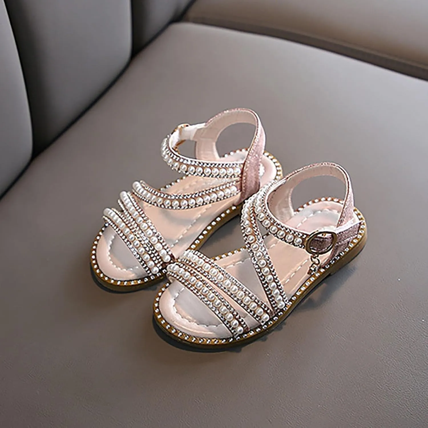 Flower Girl Pearl Sandals, Open Toe Dress Shoes for Kid, Summer Strap Flats Shoes for Wedding Party Performance