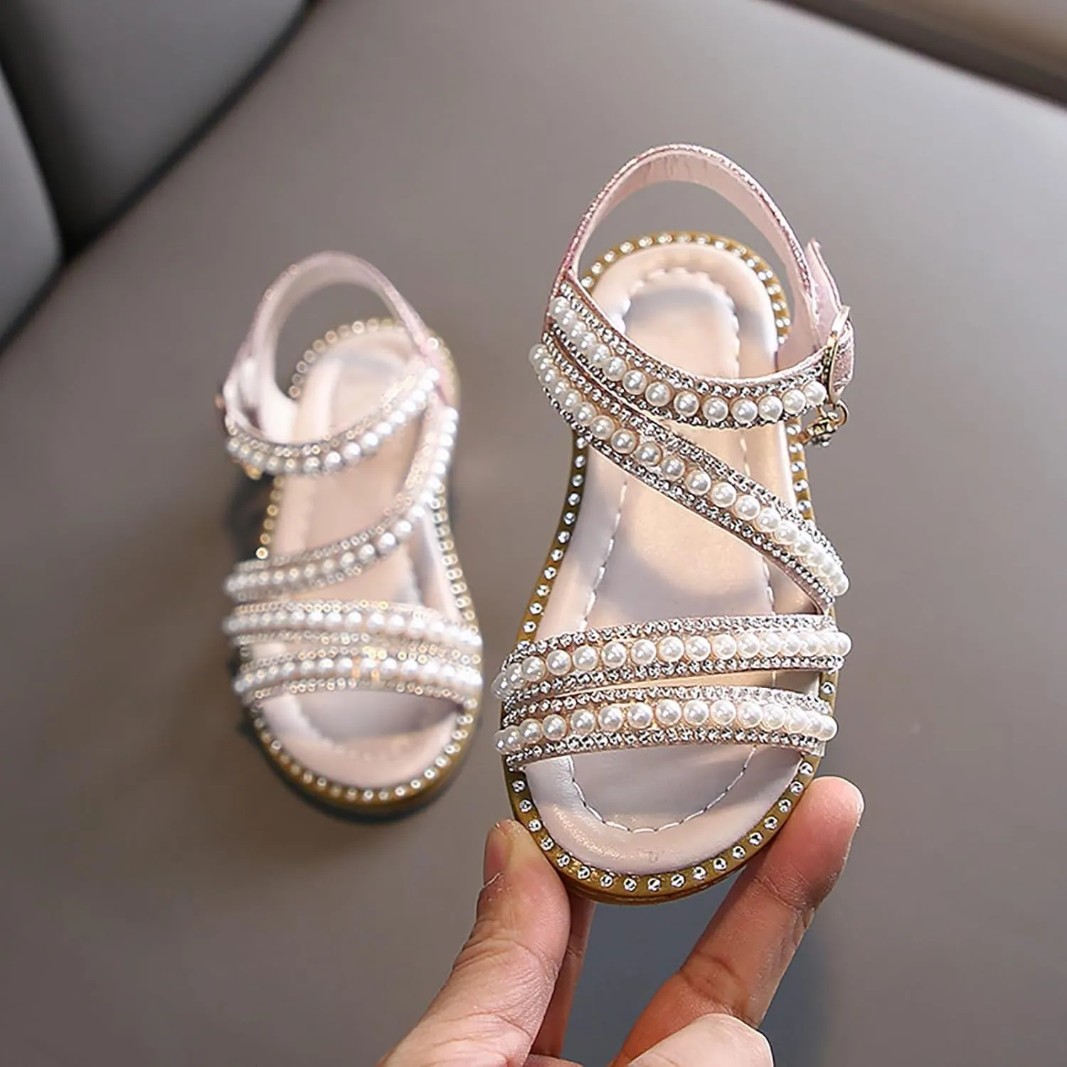 Flower Girl Pearl Sandals, Open Toe Dress Shoes for Kid, Summer Strap Flats Shoes for Wedding Party Performance