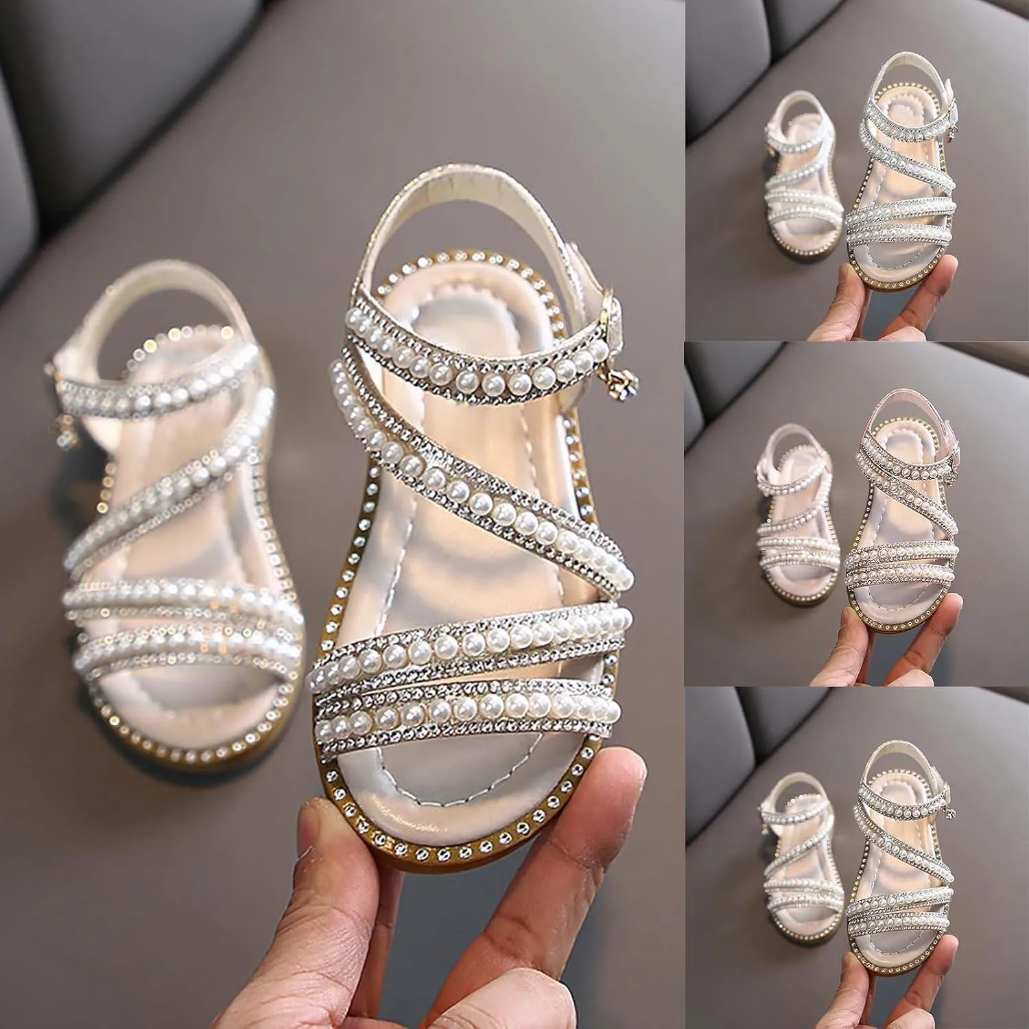 Flower Girls Pearl Sandals, Open Toe Dress Shoes for Kids, Summer Strap Flats Shoes for Wedding Party Performance