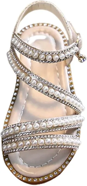 Flower Girls Pearl Sandals, Open Toe Dress Shoes for Kids, Summer Strap Flats Shoes for Wedding Party Performance