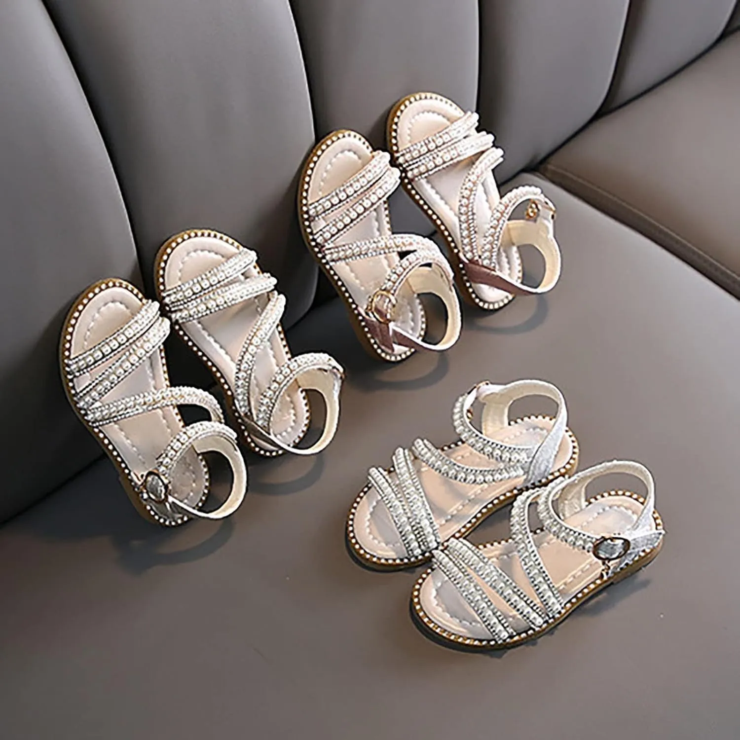 Flower Girls Pearl Sandals, Open Toe Dress Shoes for Kids, Summer Strap Flats Shoes for Wedding Party Performance