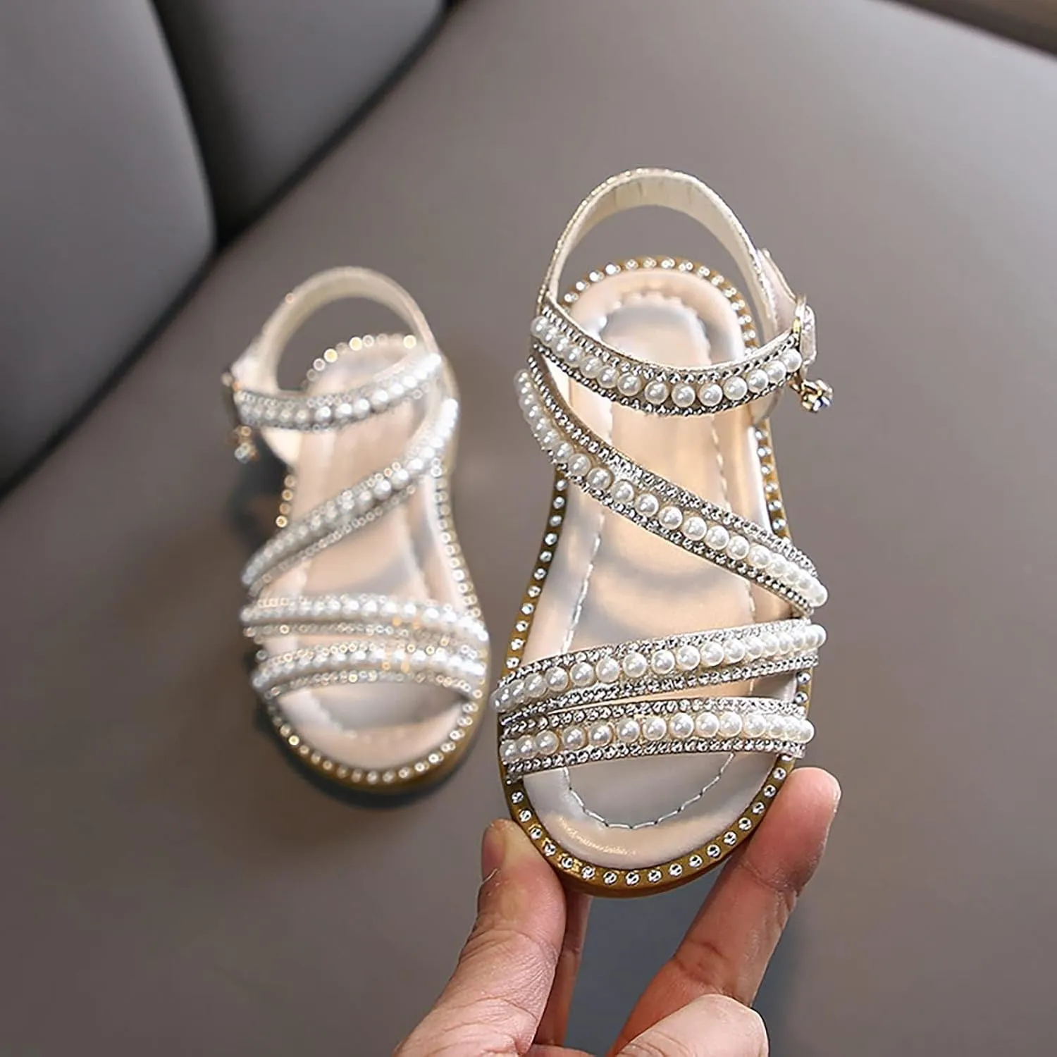 Flower Girls Pearl Sandals, Open Toe Dress Shoes for Kids, Summer Strap Flats Shoes for Wedding Party Performance