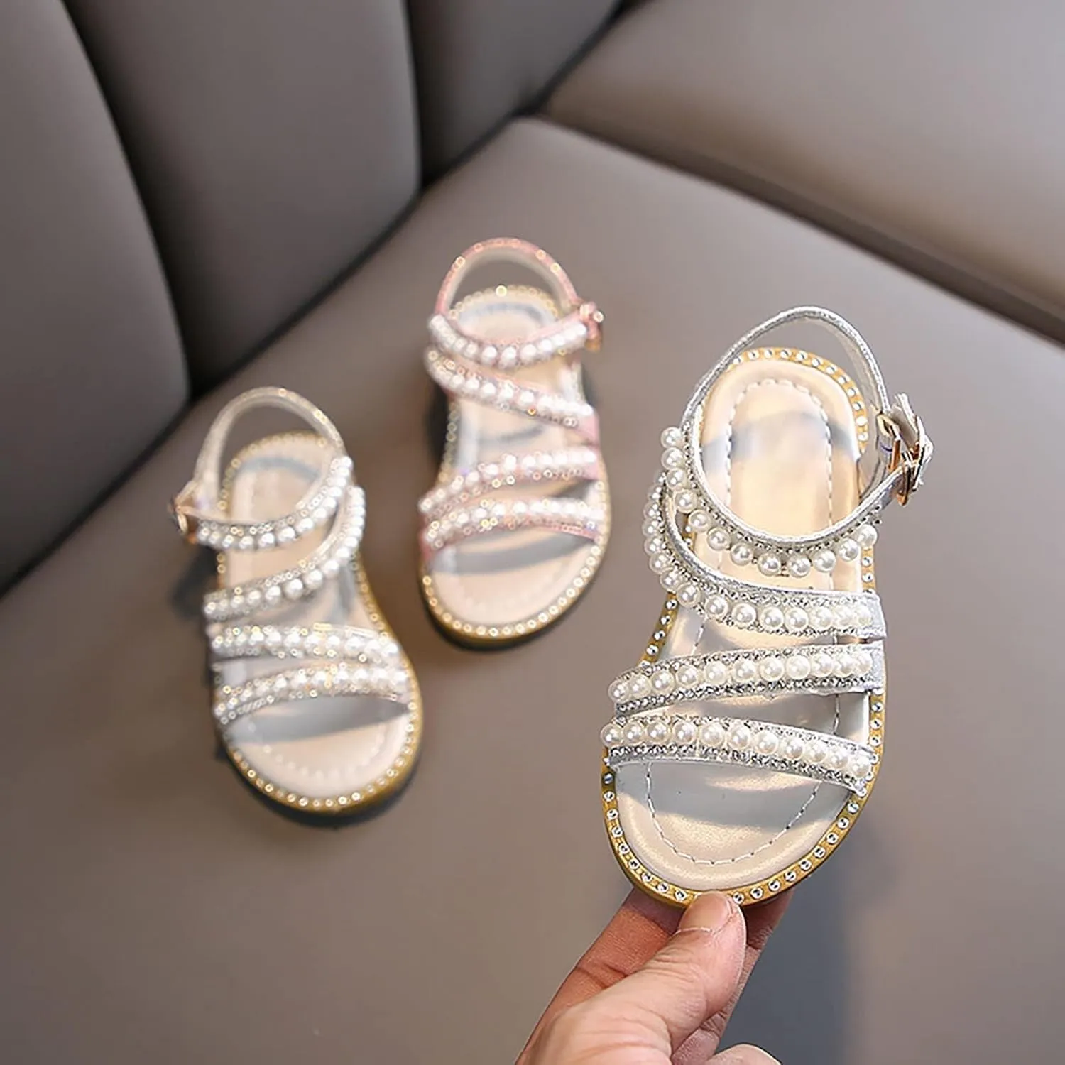 Flower Girls Pearl Sandals, Open Toe Dress Shoes for Kids, Summer Strap Flats Shoes for Wedding Party Performance