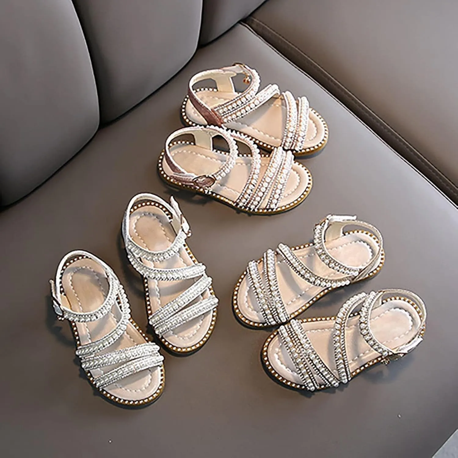 Flower Girls Pearl Sandals, Open Toe Dress Shoes for Kids, Summer Strap Flats Shoes for Wedding Party Performance