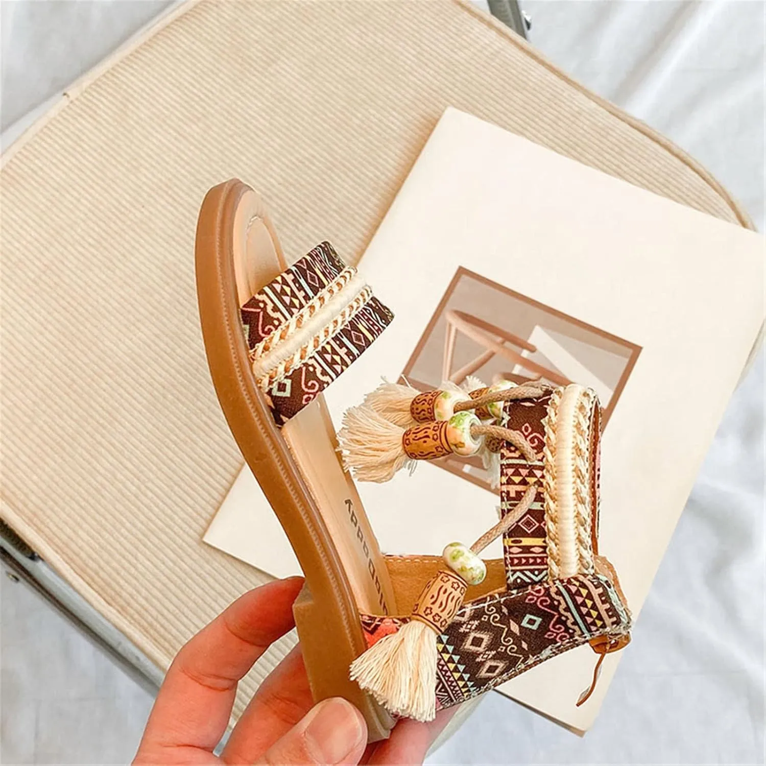 Girls Bohemian Open Toe Sandals with Tassel Beaded Vintage Open Toe Soft Sole Retro Roman Slides Shoes for Toddlers