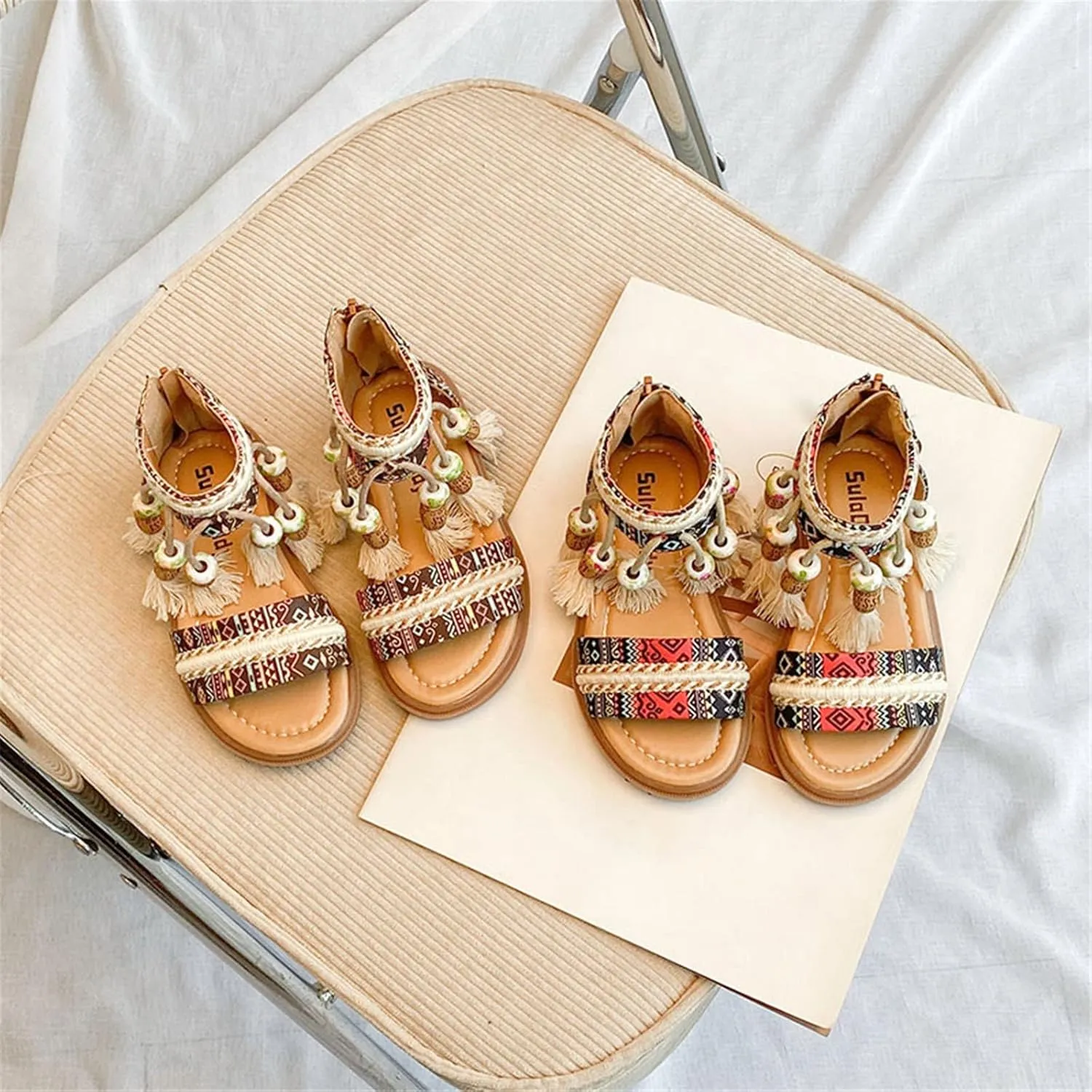 Girls Bohemian Open Toe Sandals with Tassel Beaded Vintage Open Toe Soft Sole Retro Roman Slides Shoes for Toddlers