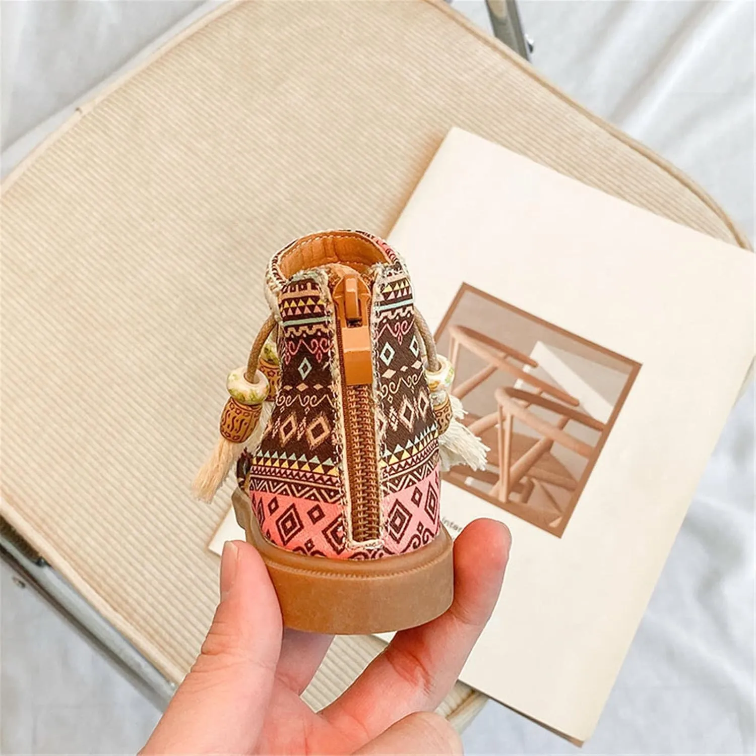 Girls Bohemian Open Toe Sandals with Tassel Beaded Vintage Open Toe Soft Sole Retro Roman Slides Shoes for Toddlers
