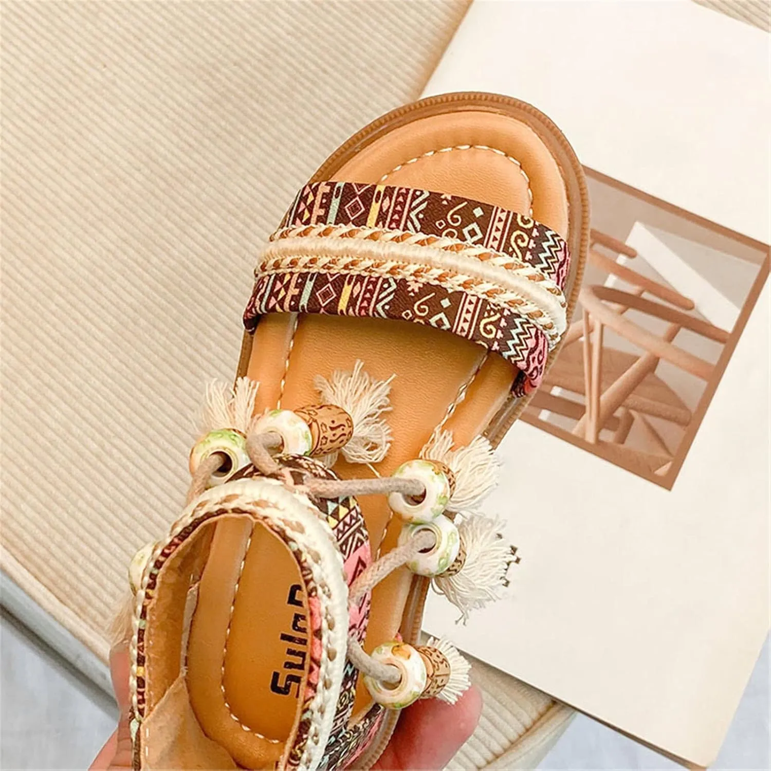 Girls Bohemian Open Toe Sandals with Tassel Beaded Vintage Open Toe Soft Sole Retro Roman Slides Shoes for Toddlers