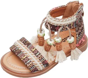 Girls Bohemian Open Toe Sandals with Tassel Beaded Vintage Open Toe Soft Sole Retro Roman Slides Shoes for Toddlers