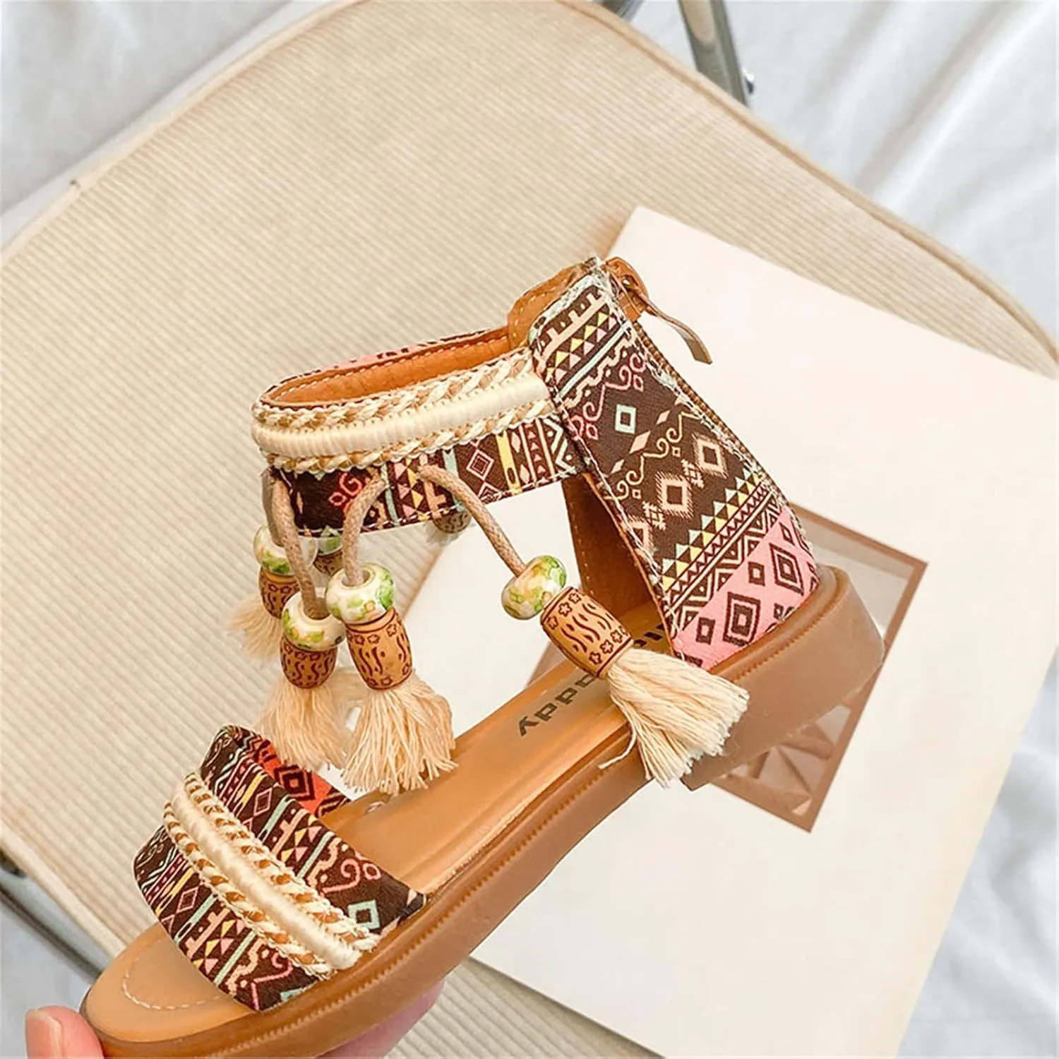 Girls Bohemian Open Toe Sandals with Tassel Beaded Vintage Open Toe Soft Sole Retro Roman Slides Shoes for Toddlers