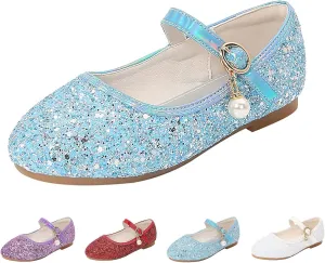 Girl's Dress Shoes Mary Jane Glitter Heel Wedding Bow Princess White Shoes for Toddler/Little/Big Kids