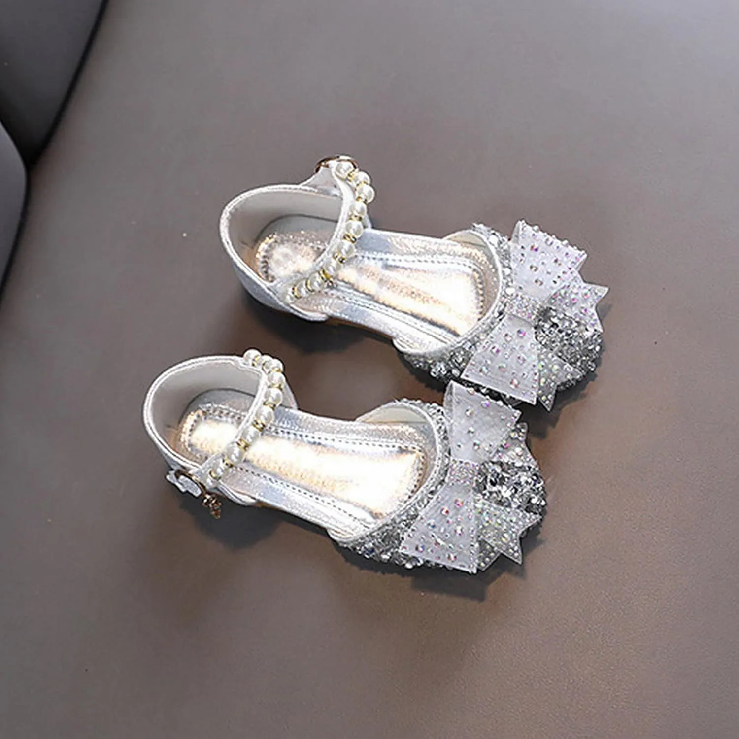 Girls Kids Bow Pearl Sequins Sandals Summer Princess Dress Ankle Shoes Toddler High Heels Crb Dance Casual Loafers