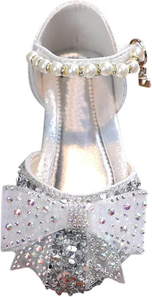 Girls Kids Bow Pearl Sequins Sandals Summer Princess Dress Ankle Shoes Toddler High Heels Crb Dance Casual Loafers