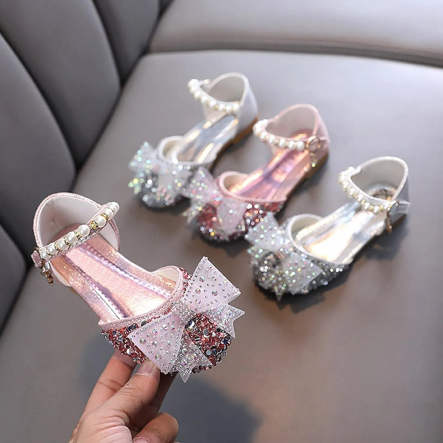 Girls Kids Bow Pearl Sequins Sandals Summer Princess Dress Ankle Shoes Toddler High Heels Crb Dance Casual Loafers