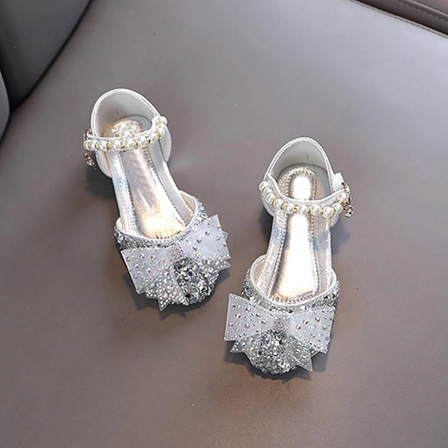 Girls Kids Bow Pearl Sequins Sandals Summer Princess Dress Ankle Shoes Toddler High Heels Crb Dance Casual Loafers