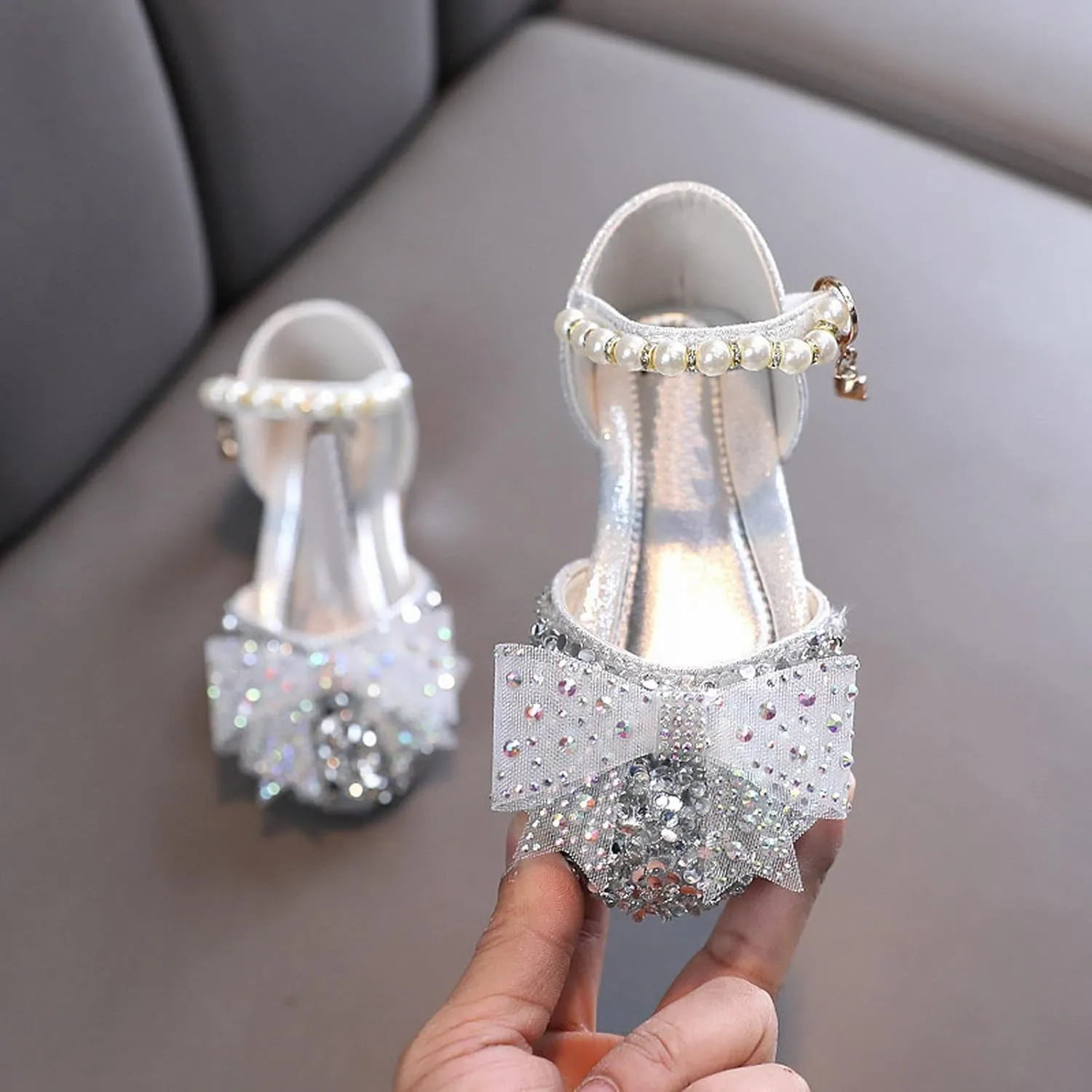Girls Kids Bow Pearl Sequins Sandals Summer Princess Dress Ankle Shoes Toddler High Heels Crb Dance Casual Loafers