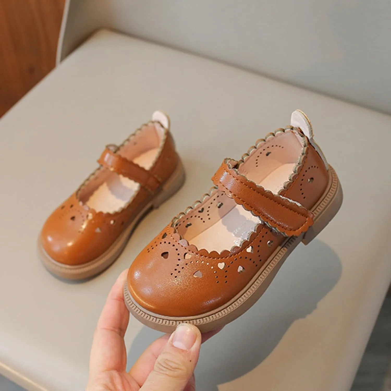 Girls Mary Jane School Flats Flower Wedding Party Dress Shoes Closed Toe Soft Sole Leather Wedges Sandals Breathable