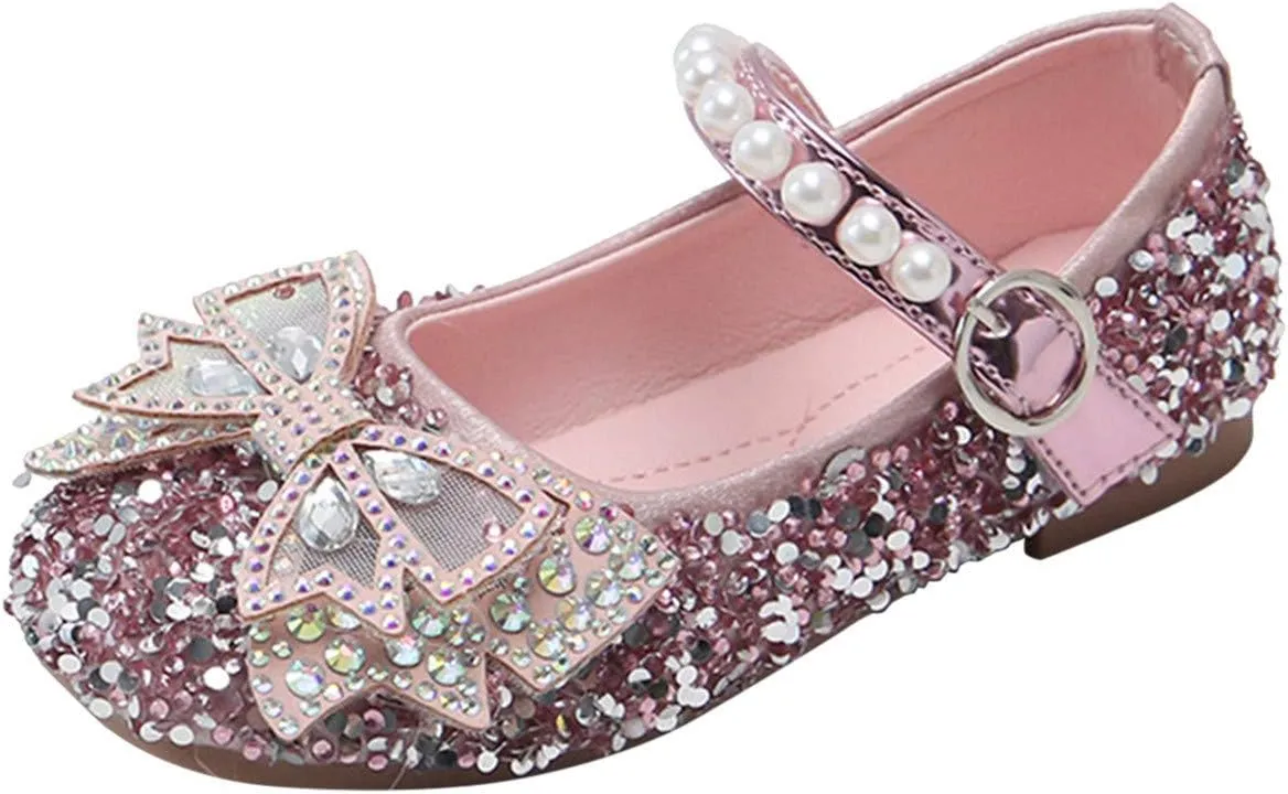 Girls Pearl Sequins Bow Closed Toe Ankle Sandals Rubber Sole Soft Strap Summer Dress Shoes Baby Toddler Dance