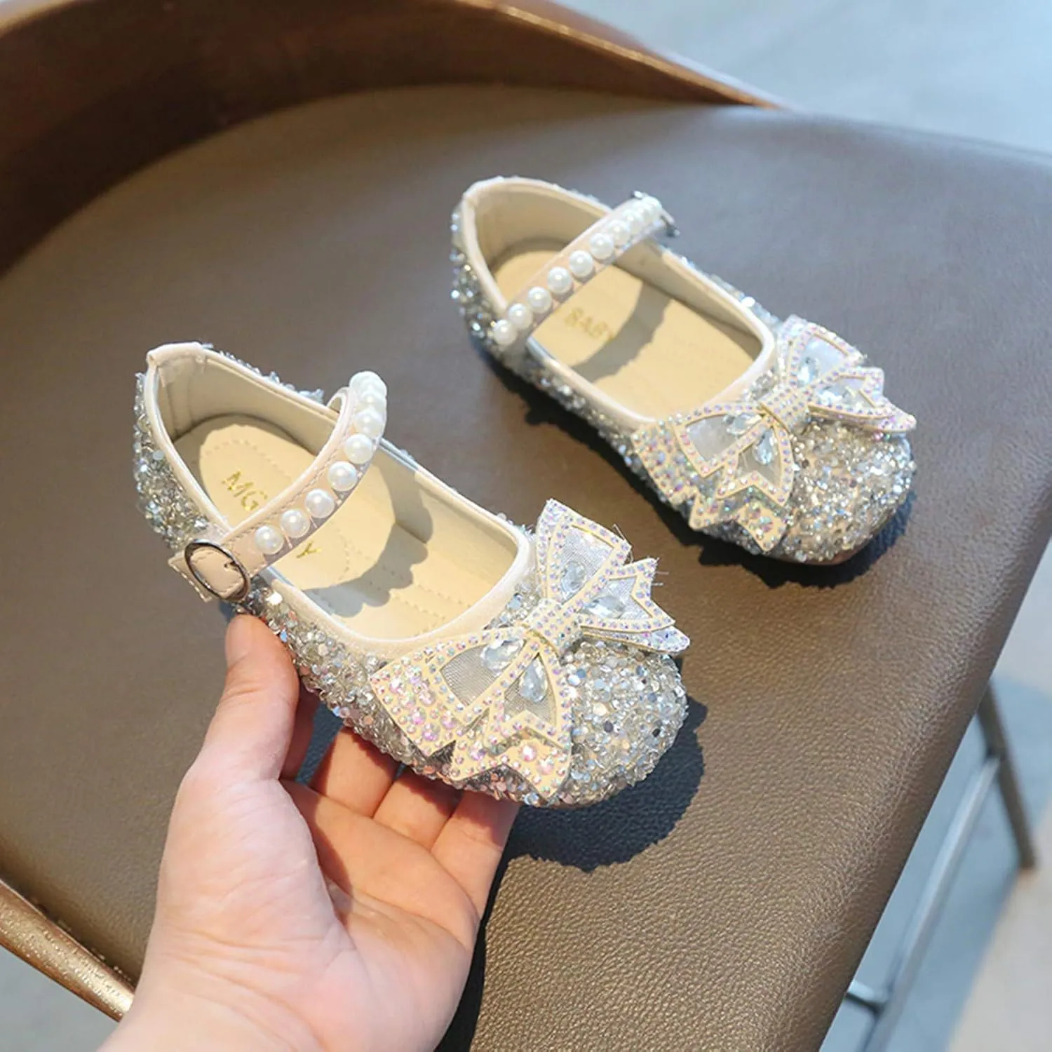 Girls Pearl Sequins Bow Closed Toe Ankle Sandals Rubber Sole Soft Strap Summer Dress Shoes Baby Toddler Dance