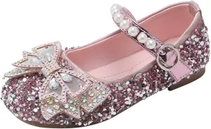 Girls Pearl Sequins Bow Closed Toe Ankle Sandals Rubber Sole Soft Strap Summer Dress Shoes Baby Toddler Dance