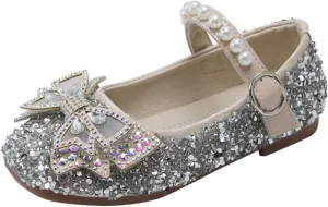 Girls Pearl Sequins Bow Closed Toe Ankle Sandals Rubber Sole Soft Strap Summer Dress Shoes Baby Toddler Dance